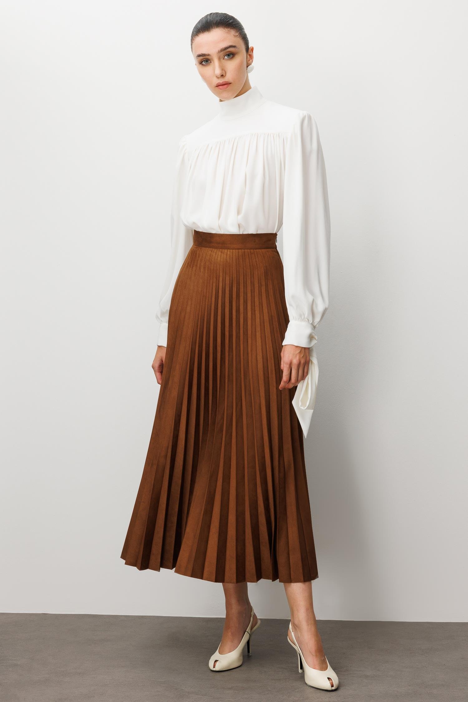 Modailgi  Yüksek Bel Plisoley Pliseli Uzun Süet Etek Taba