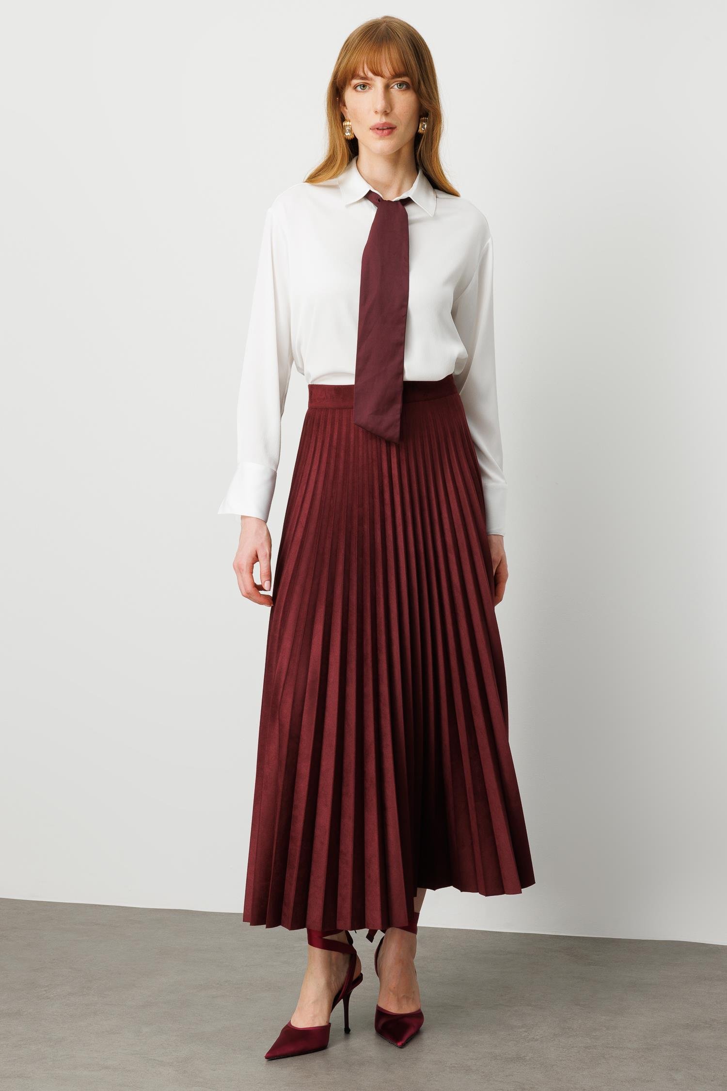 Modailgi  Yüksek Bel Plisoley Pliseli Uzun Süet Etek Bordo