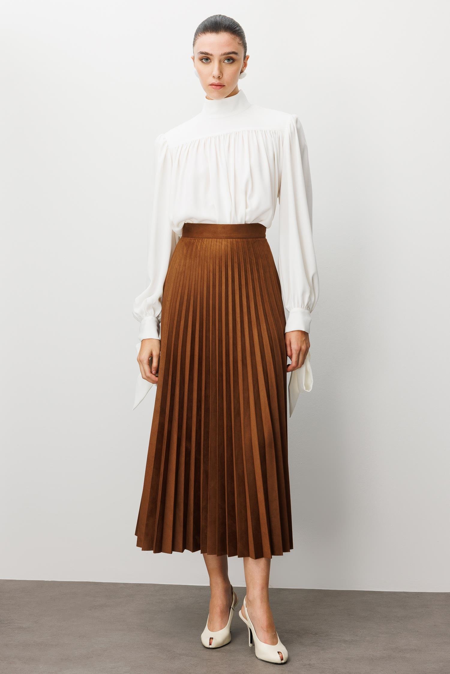 Modailgi  Yüksek Bel Plisoley Pliseli Uzun Süet Etek Taba