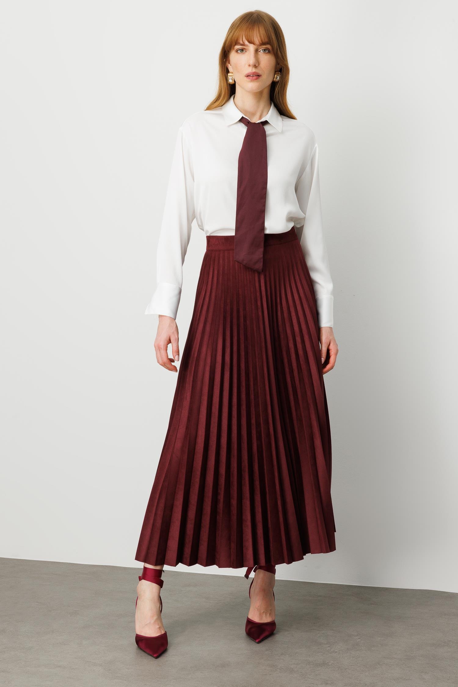 Modailgi  Yüksek Bel Plisoley Pliseli Uzun Süet Etek Bordo