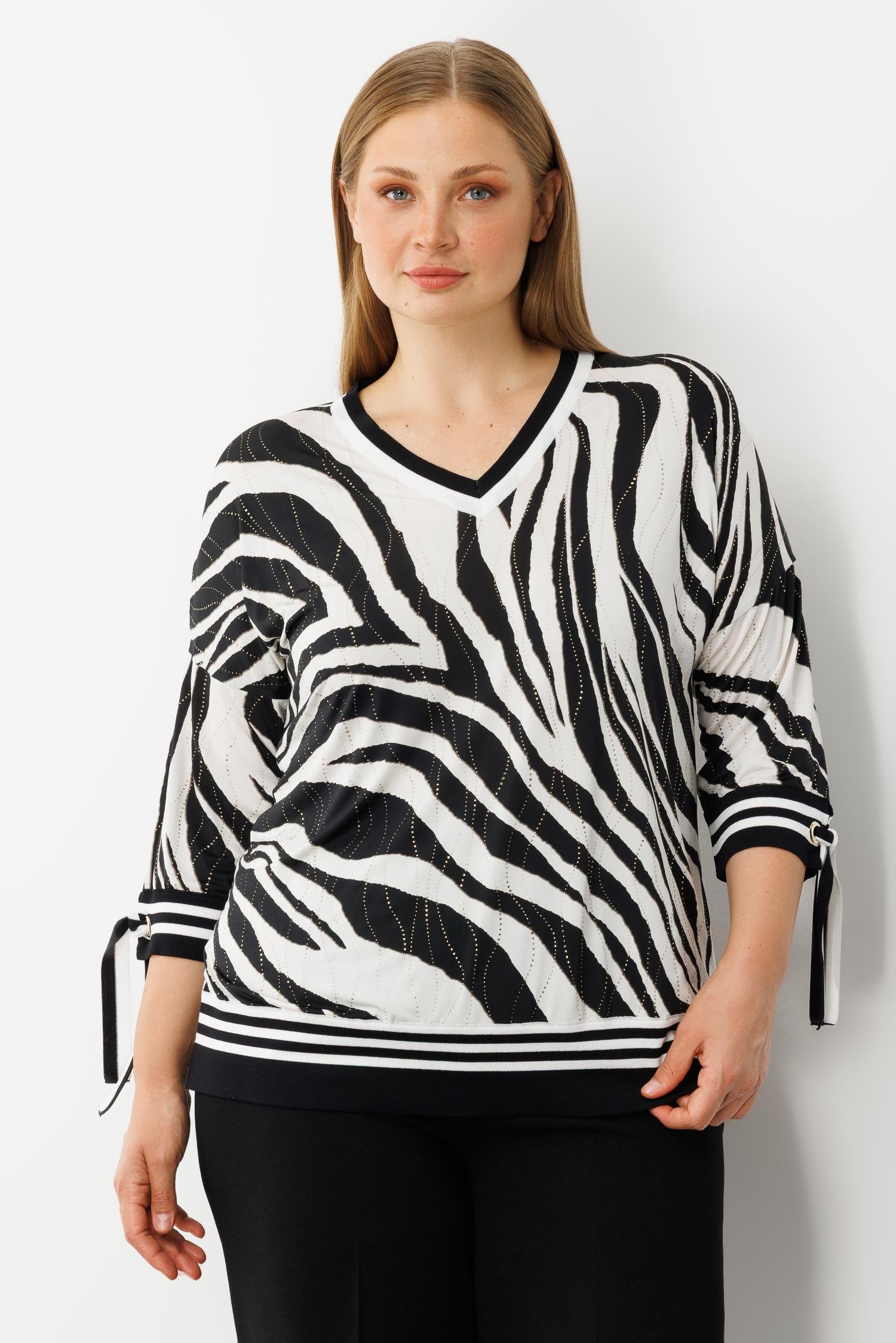 Modailgi  Zebra Desen V Yaka Kol Manşeti Bağcıklı Ribanalı Bluz Zebra