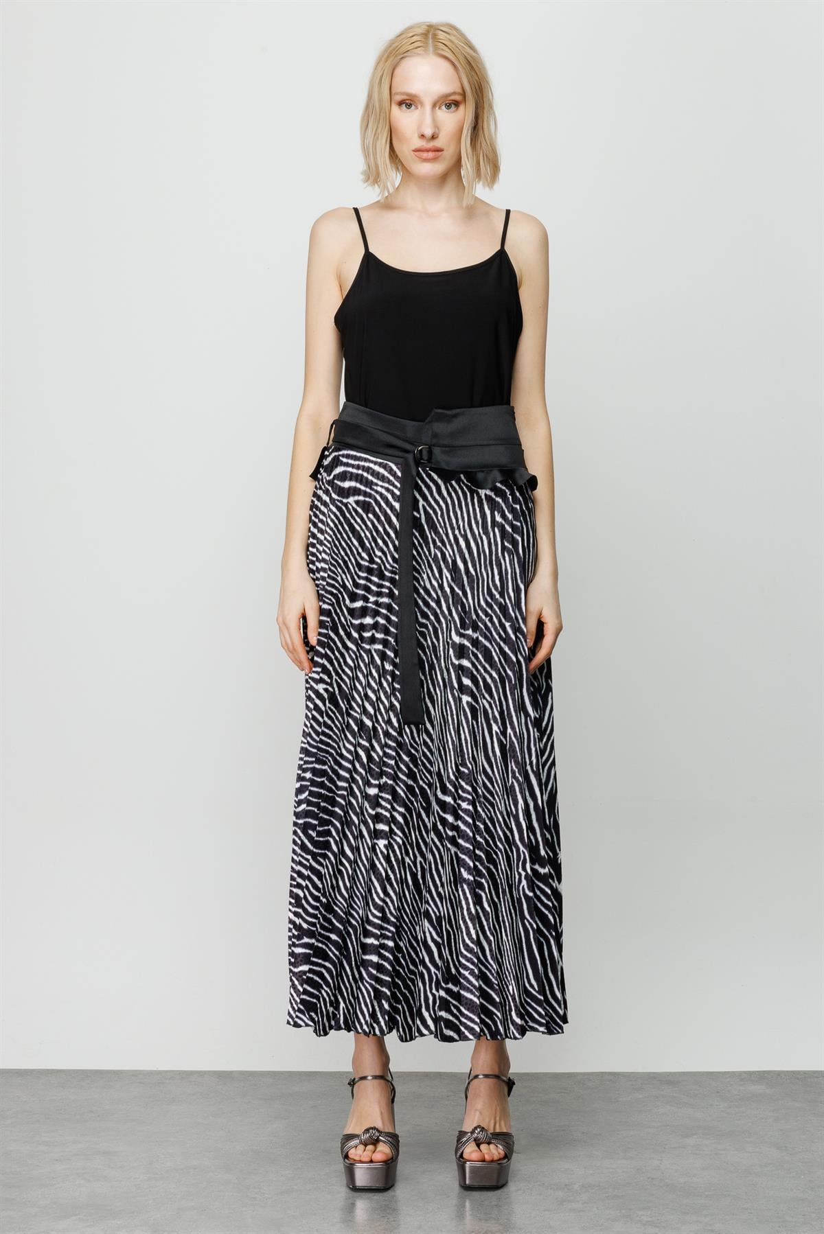 Modailgi  Zebra Desenli Plisoley Etek Siyah