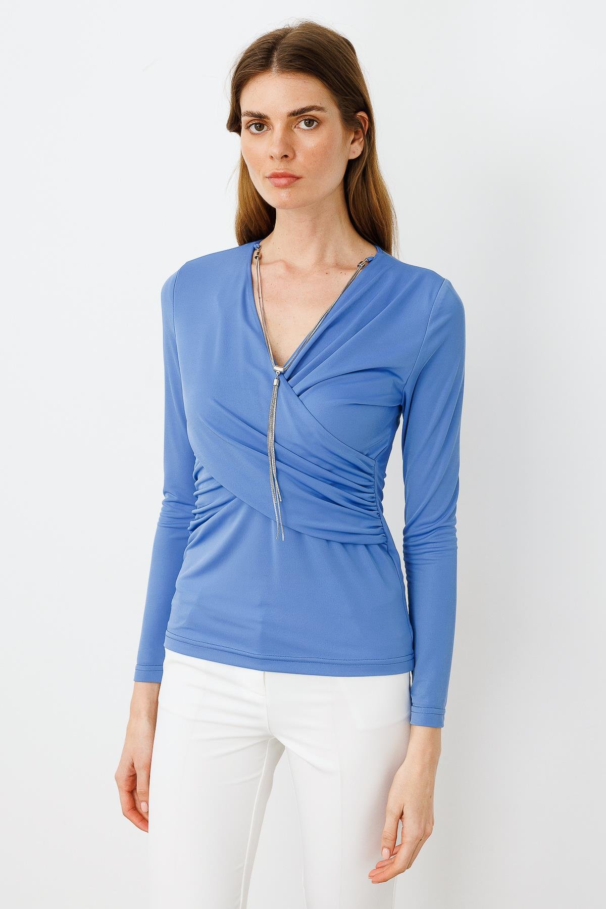 Modailgi  Zincir Aksesuarlı Uzun Kollu Kruvaze Bluz İndigo