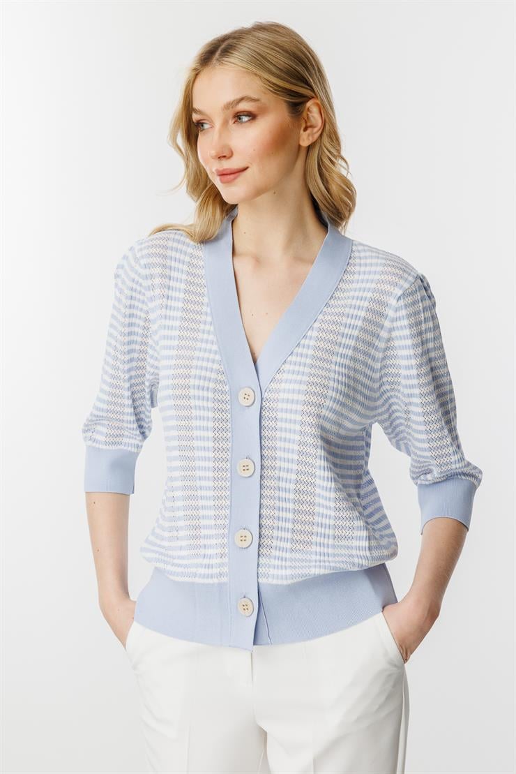 Ajurlu Renkli Triko Hırka-Mavi - Ekru