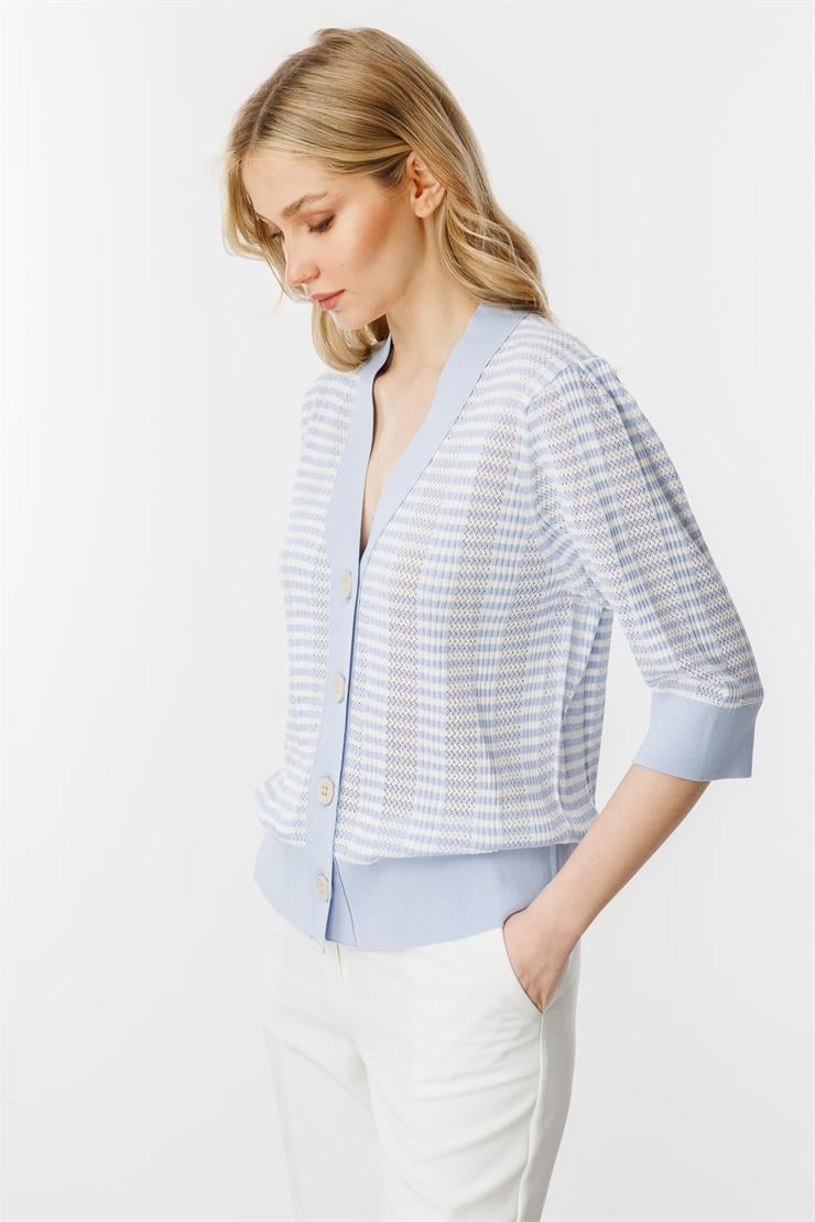 Ajurlu Renkli Triko Hırka-Mavi - Ekru