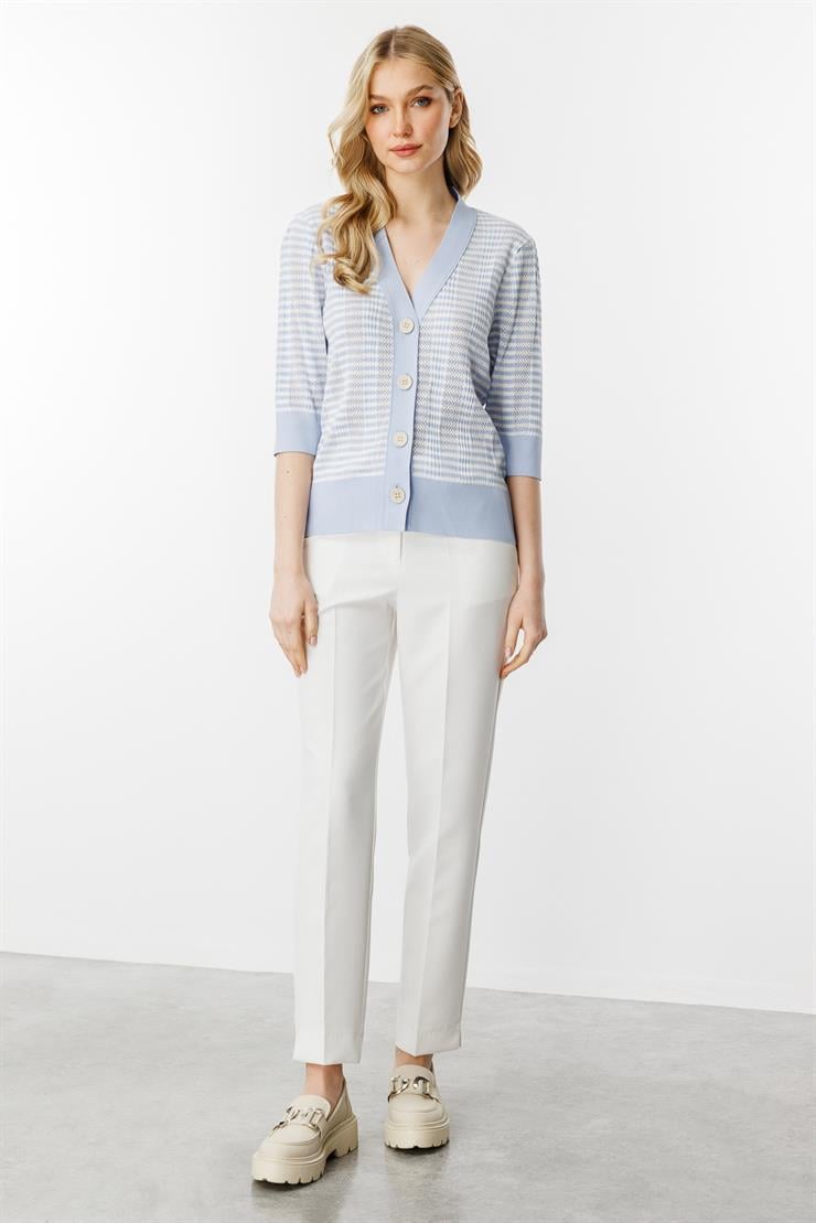 Ajurlu Renkli Triko Hırka-Mavi - Ekru