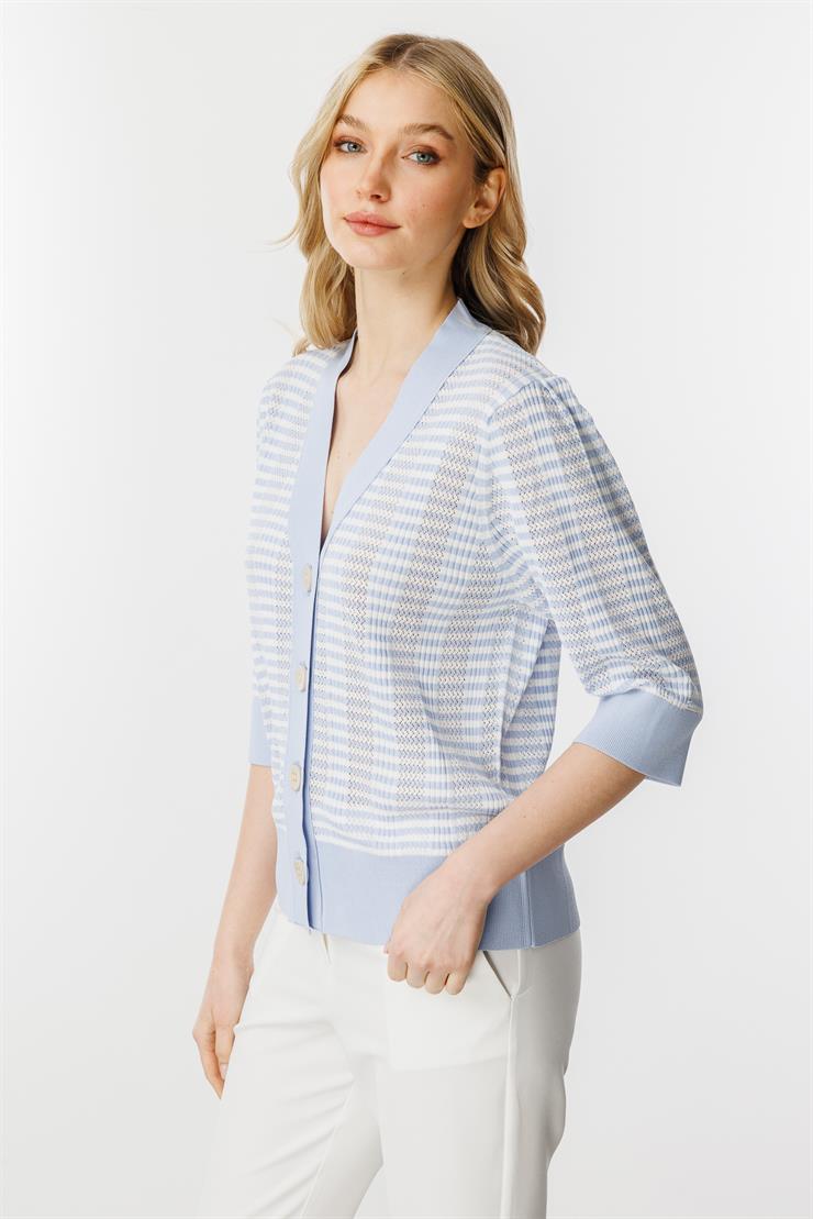 Ajurlu Renkli Triko Hırka-Mavi - Ekru