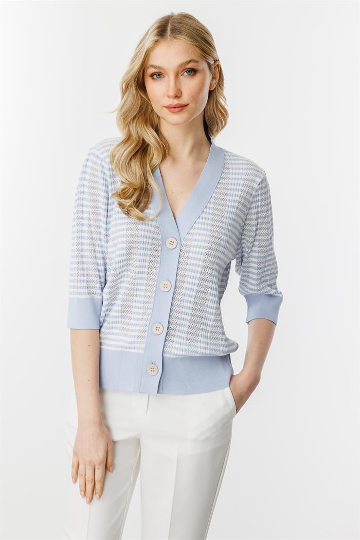 Ajurlu Renkli Triko Hırka-Mavi - Ekru