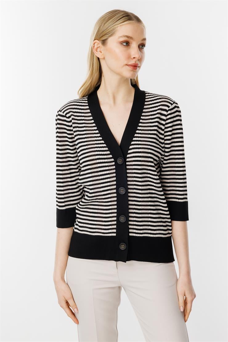 Ajurlu Renkli Triko Hırka-Siyah-Vizon