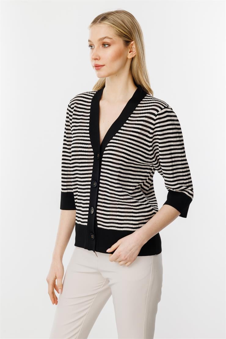 Ajurlu Renkli Triko Hırka-Siyah-Vizon