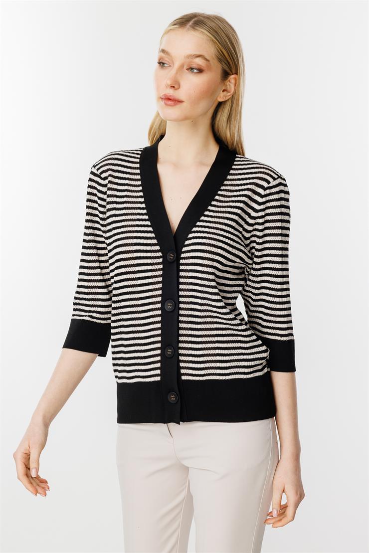 Ajurlu Renkli Triko Hırka-Siyah-Vizon