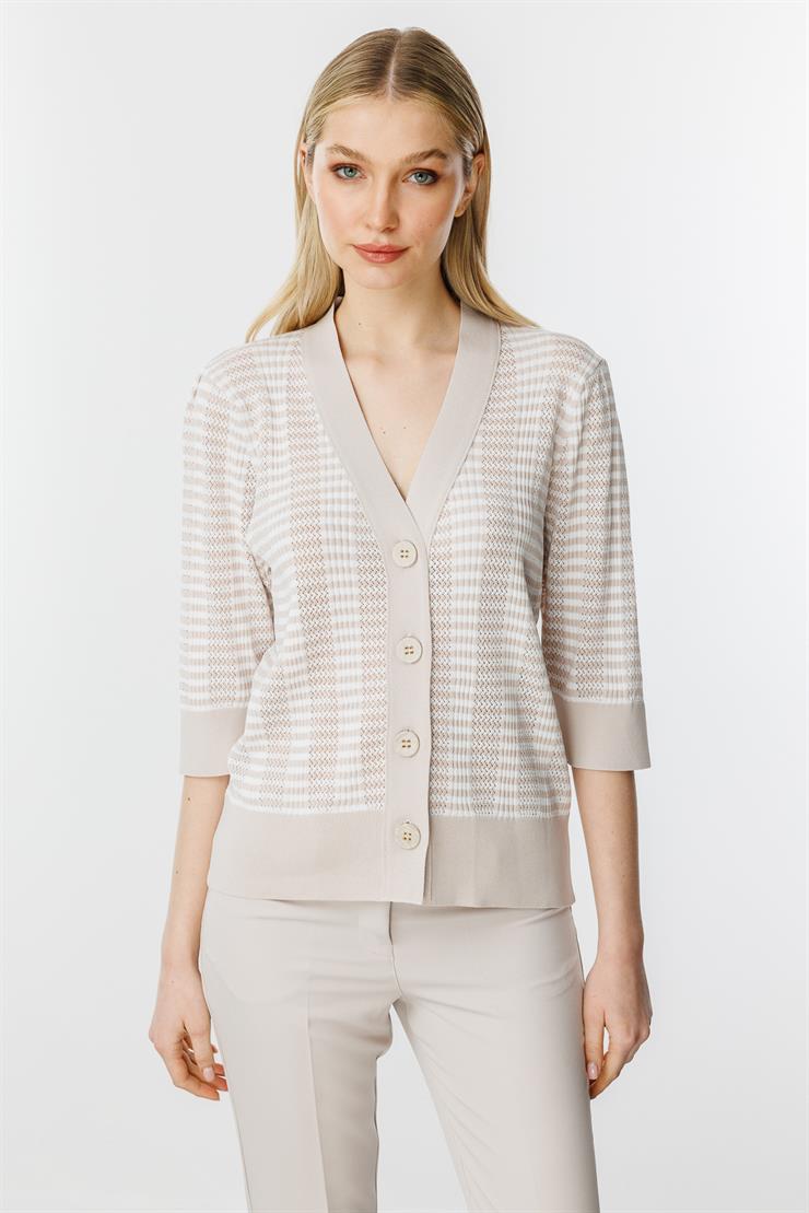 Ajurlu Renkli Triko Hırka-Vizon - Ekru