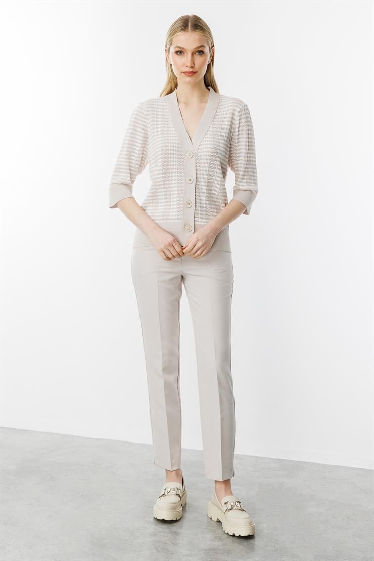 Ajurlu Renkli Triko Hırka-Vizon - Ekru