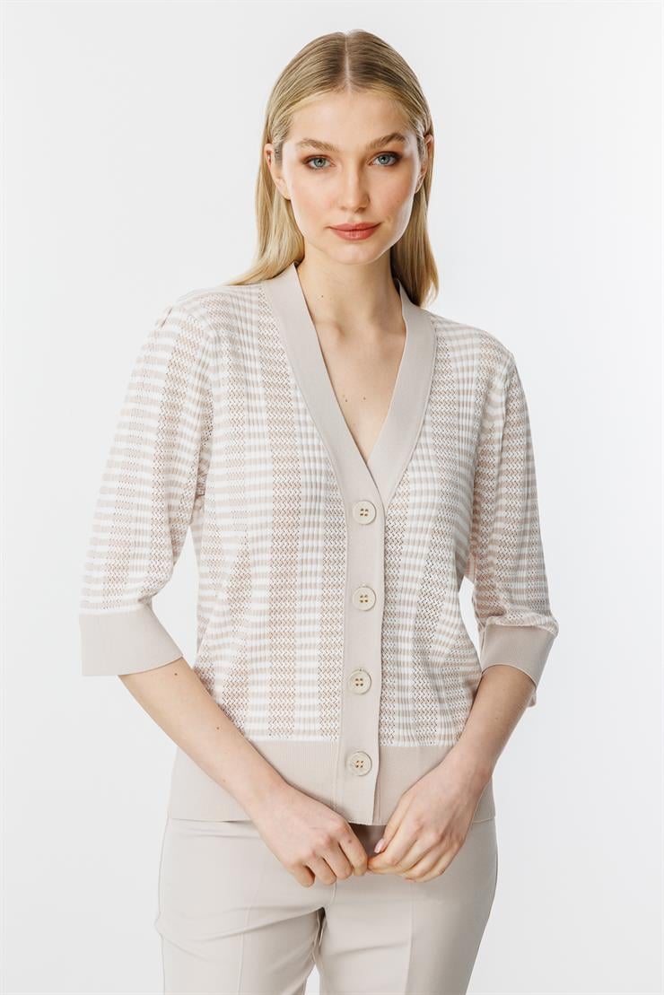 Ajurlu Renkli Triko Hırka-Vizon - Ekru