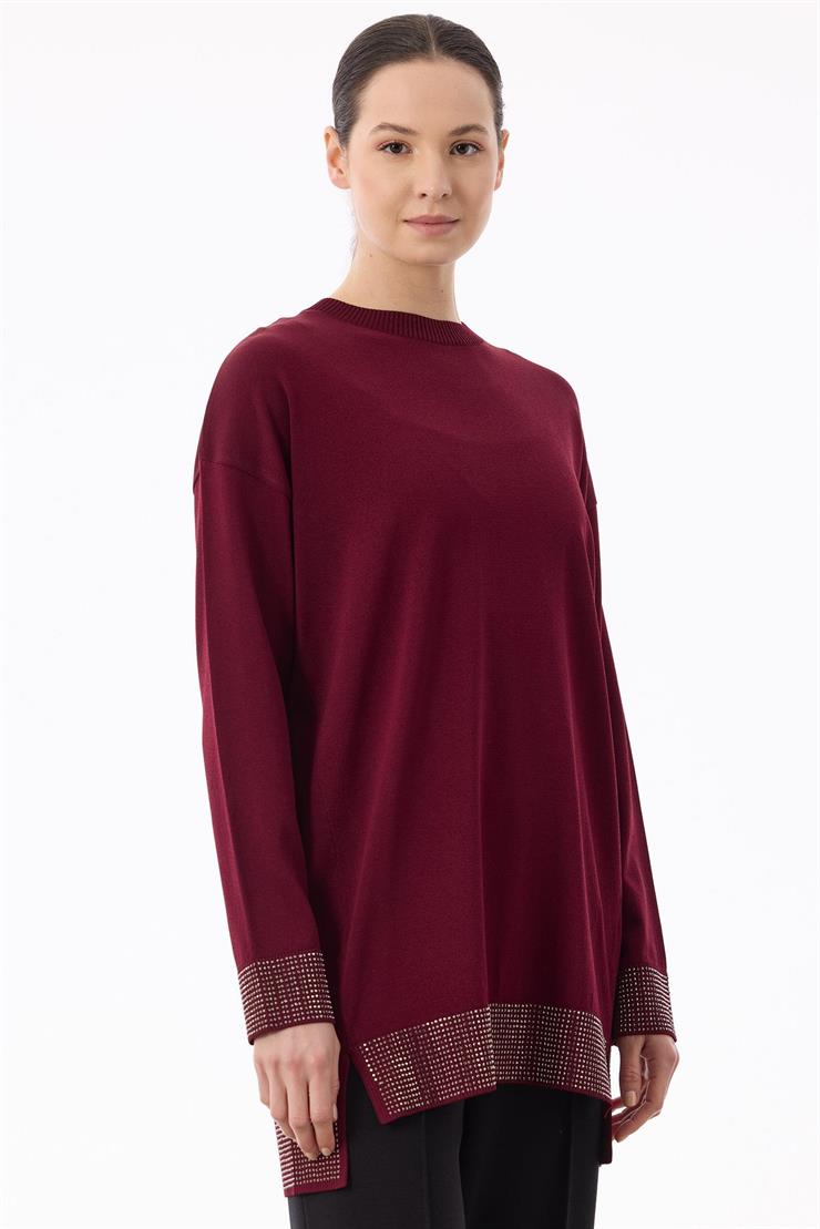 Arkadan Öne Dönen Taş Baskılı Rayon Tunik BORDO