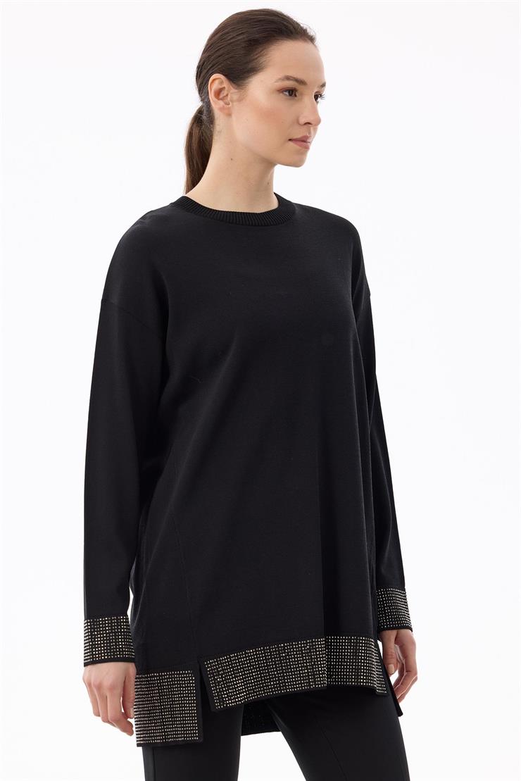 Arkadan Öne Dönen Taş Baskılı Rayon Tunik SİYAH