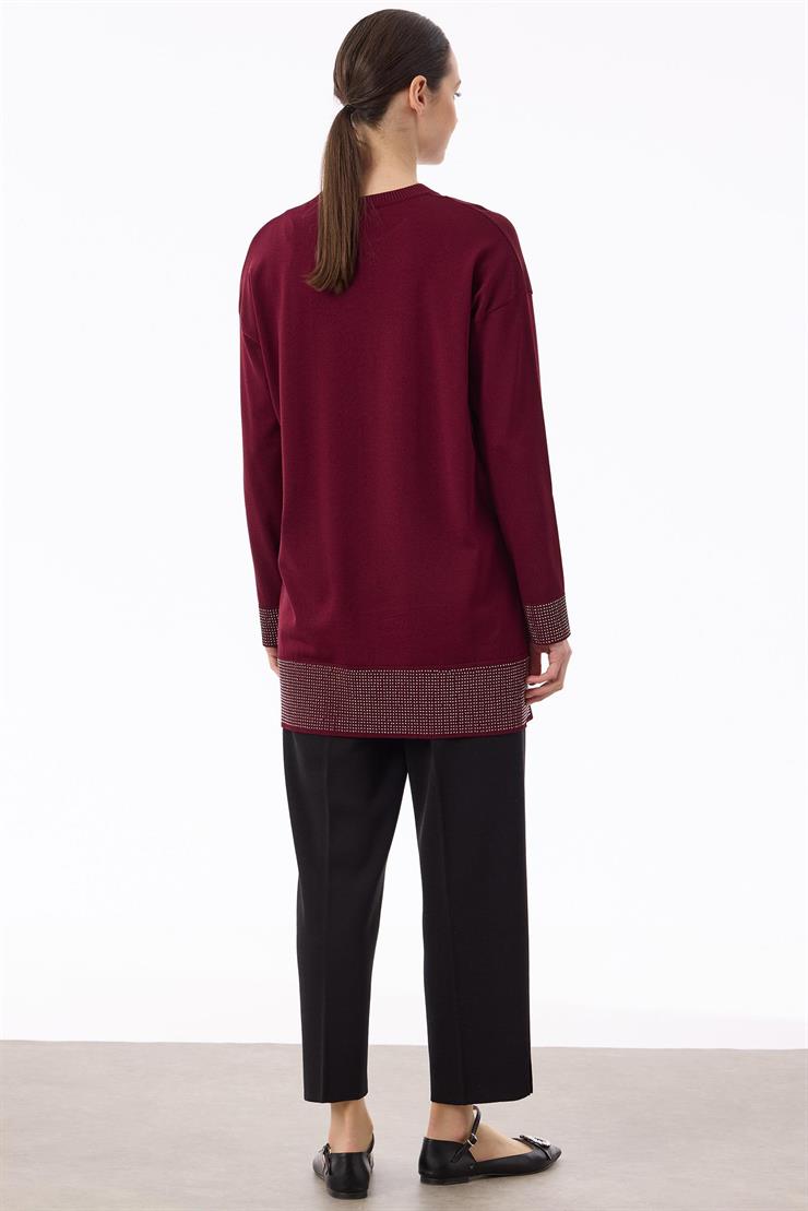 Arkadan Öne Dönen Taş Baskılı Rayon Tunik BORDO