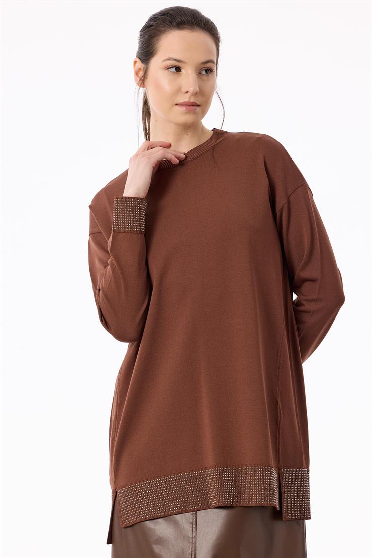 Arkadan Öne Dönen Taş Baskılı Rayon Tunik KAHVE