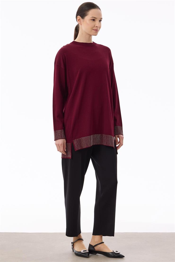 Arkadan Öne Dönen Taş Baskılı Rayon Tunik BORDO