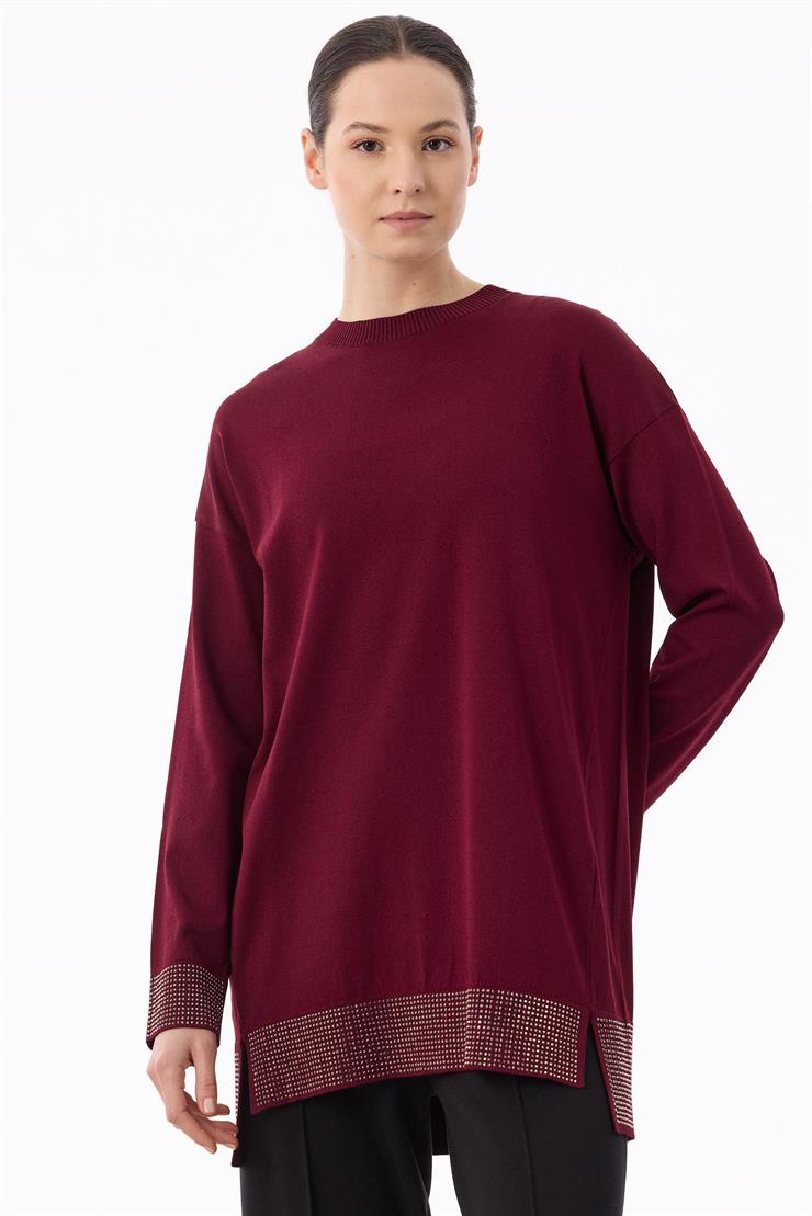 Arkadan Öne Dönen Taş Baskılı Rayon Tunik BORDO