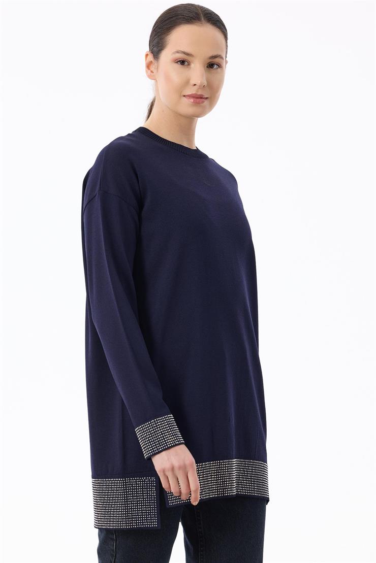 Arkadan Öne Dönen Taş Baskılı Rayon Tunik LACİVERT