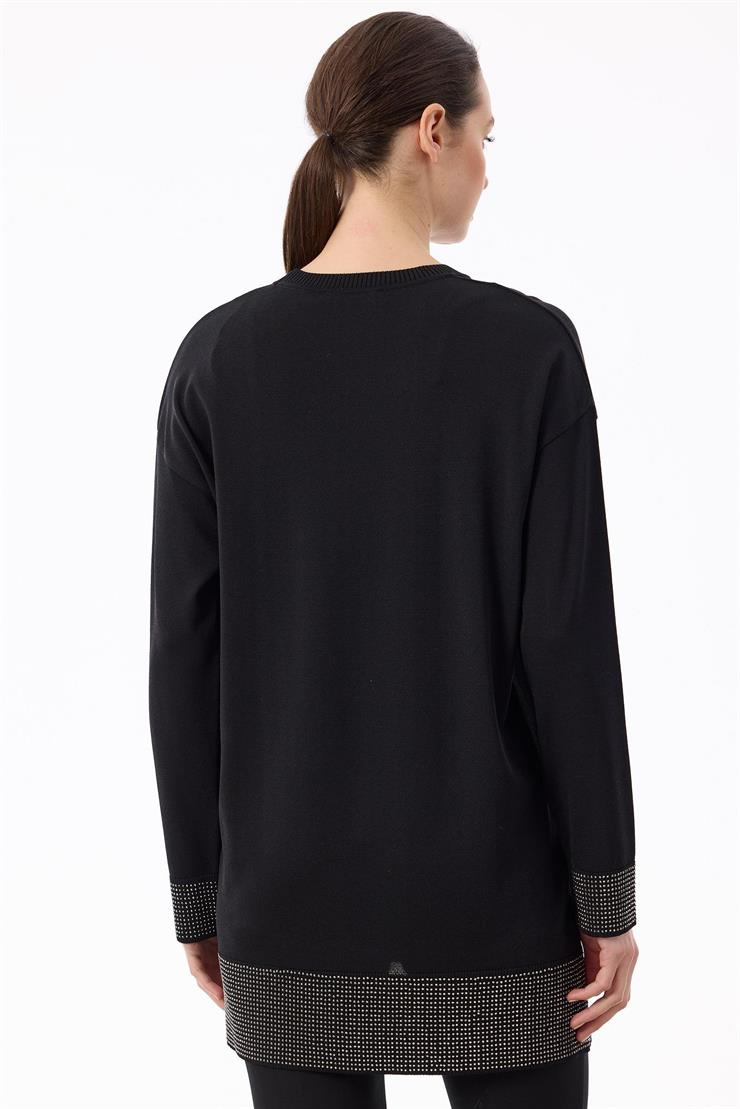 Arkadan Öne Dönen Taş Baskılı Rayon Tunik SİYAH