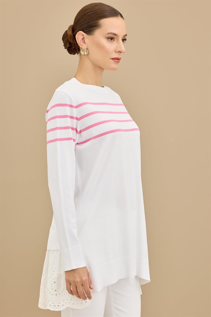 Arkası Güpür Çizgili Rayon Tunik EKRU