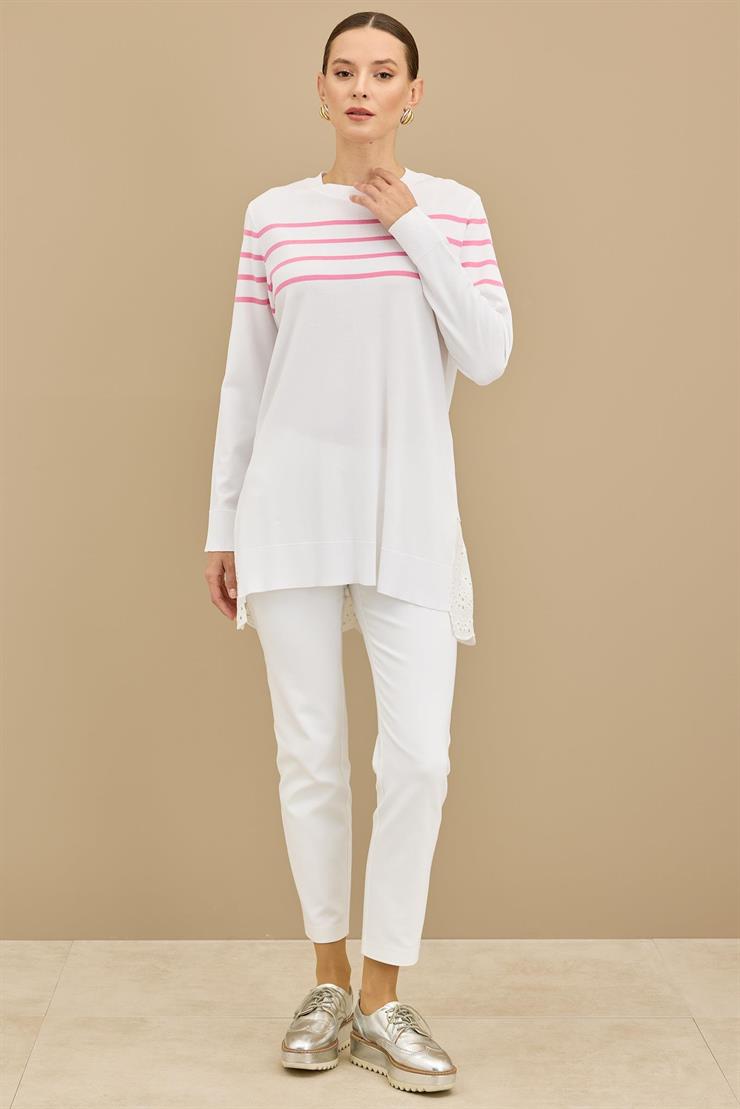 Arkası Güpür Çizgili Rayon Tunik EKRU