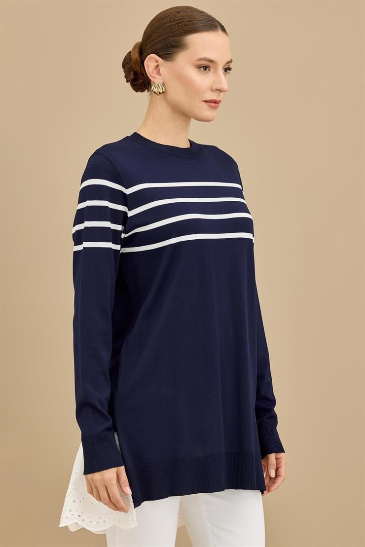 Arkası Güpür Çizgili Rayon Tunik LACİVERT