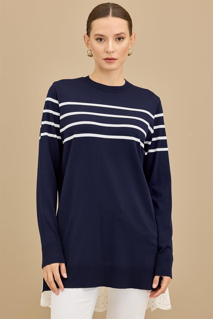 Arkası Güpür Çizgili Rayon Tunik LACİVERT