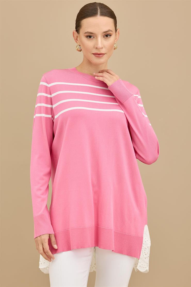 Arkası Güpür Çizgili Rayon Tunik PEMBE