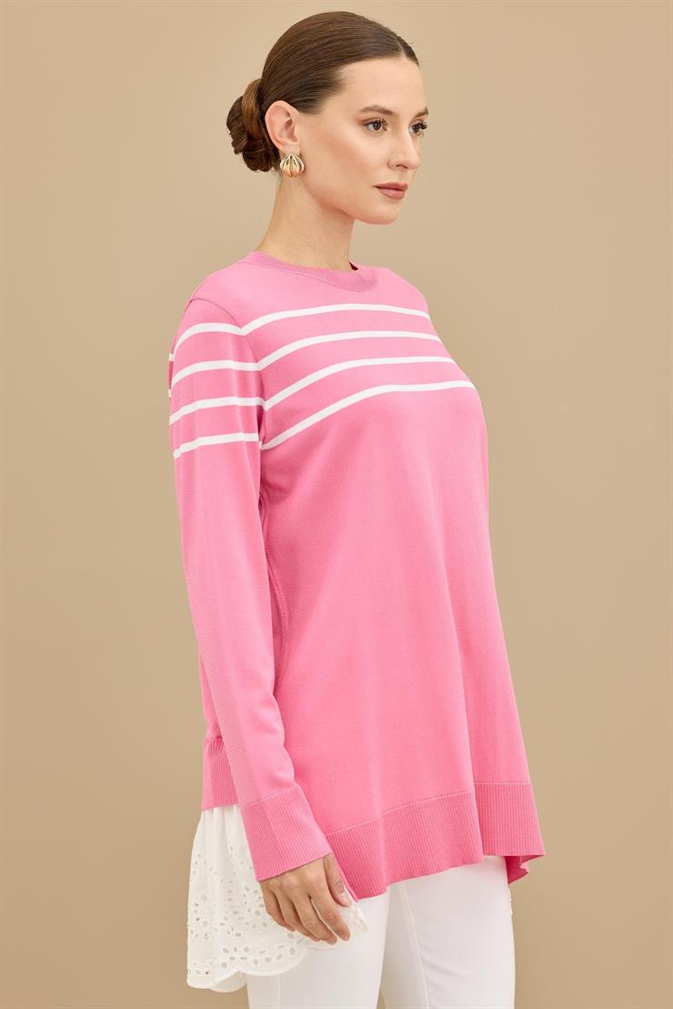 Arkası Güpür Çizgili Rayon Tunik PEMBE