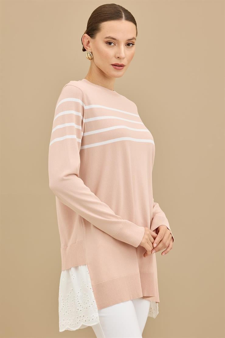 Arkası Güpür Çizgili Rayon Tunik PUDRA