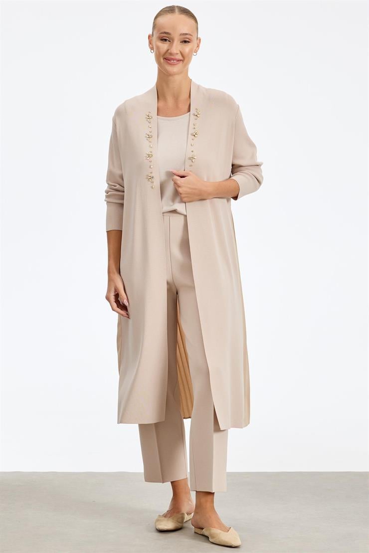 Arkası Pilise Taşlı Rayon Hırka BEJ