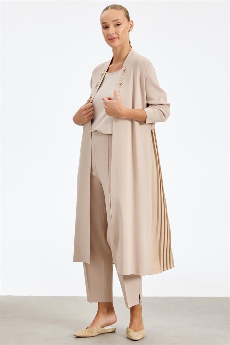 Arkası Pilise Taşlı Rayon Hırka BEJ