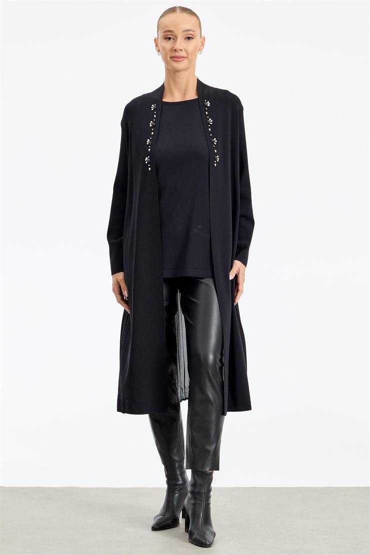 Arkası Pilise Taşlı Rayon Hırka SİYAH