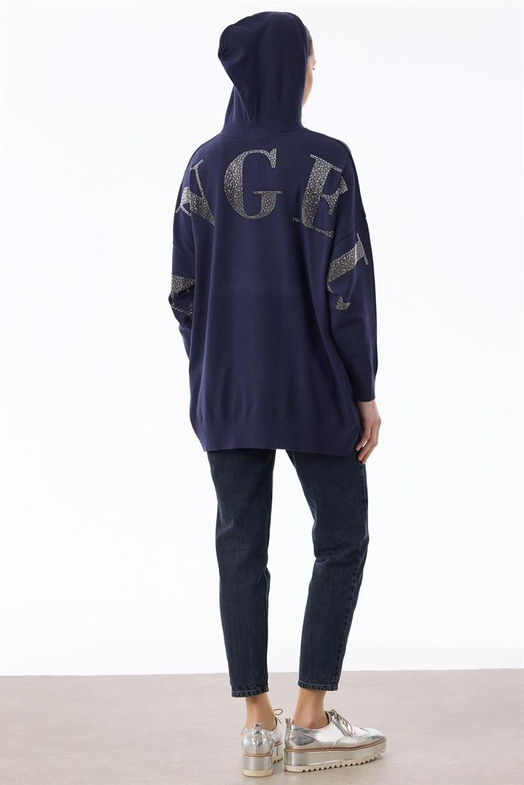 Arkası Taş Yazı Baskılı Kapüşonlu Tunik LACİVERT