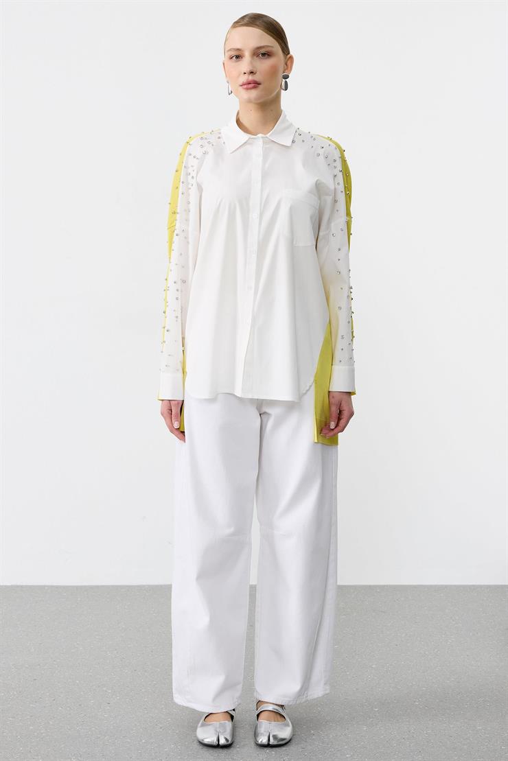 Arkası Triko Kombinli Omuzları Taşlı Gömlek SARI