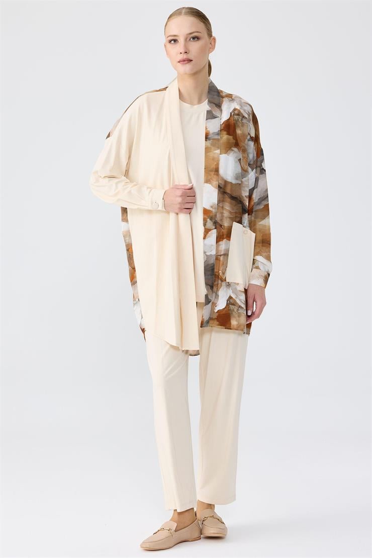 Asimetrik Kesim Suluboya Emprime 3Lü Takım BEJ