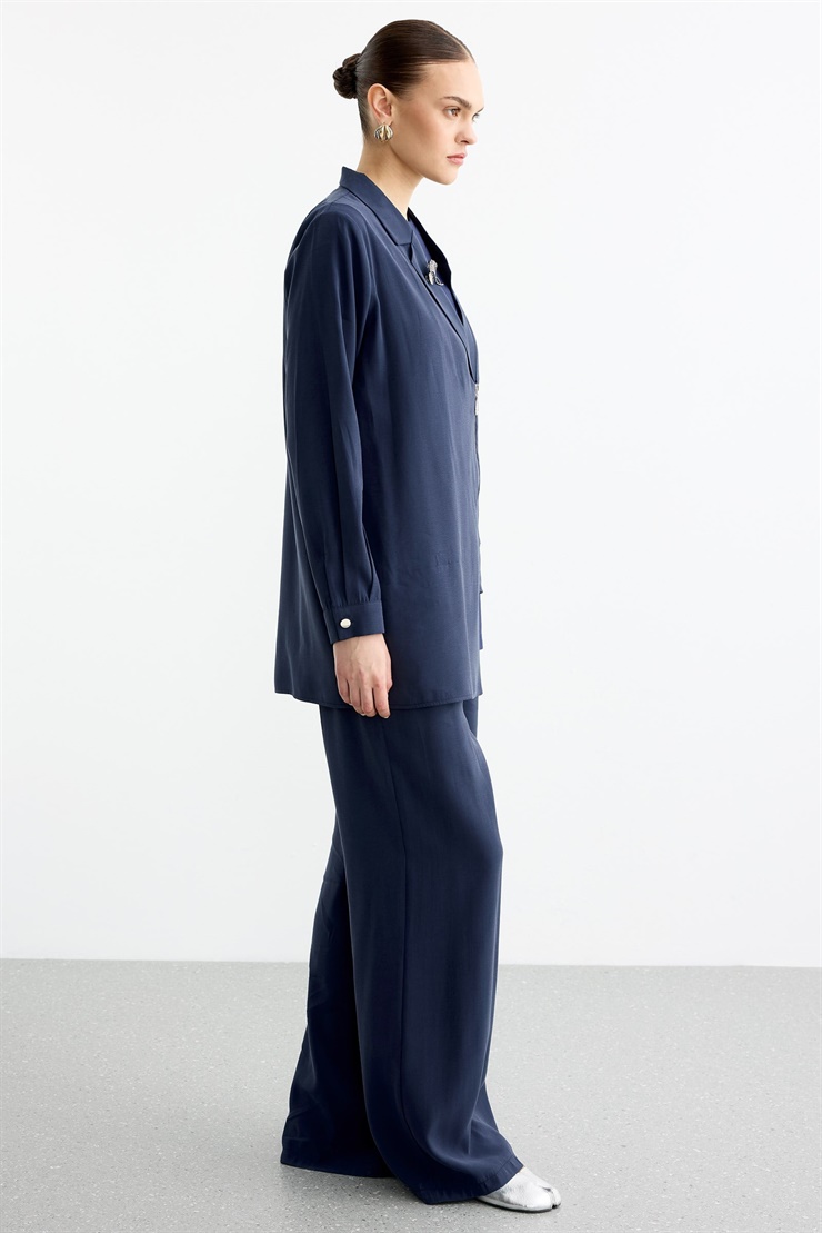 Asimetrik Minimal Yakalı Broş Detaylı Fermuarlı 3lü Takım LACİVERT