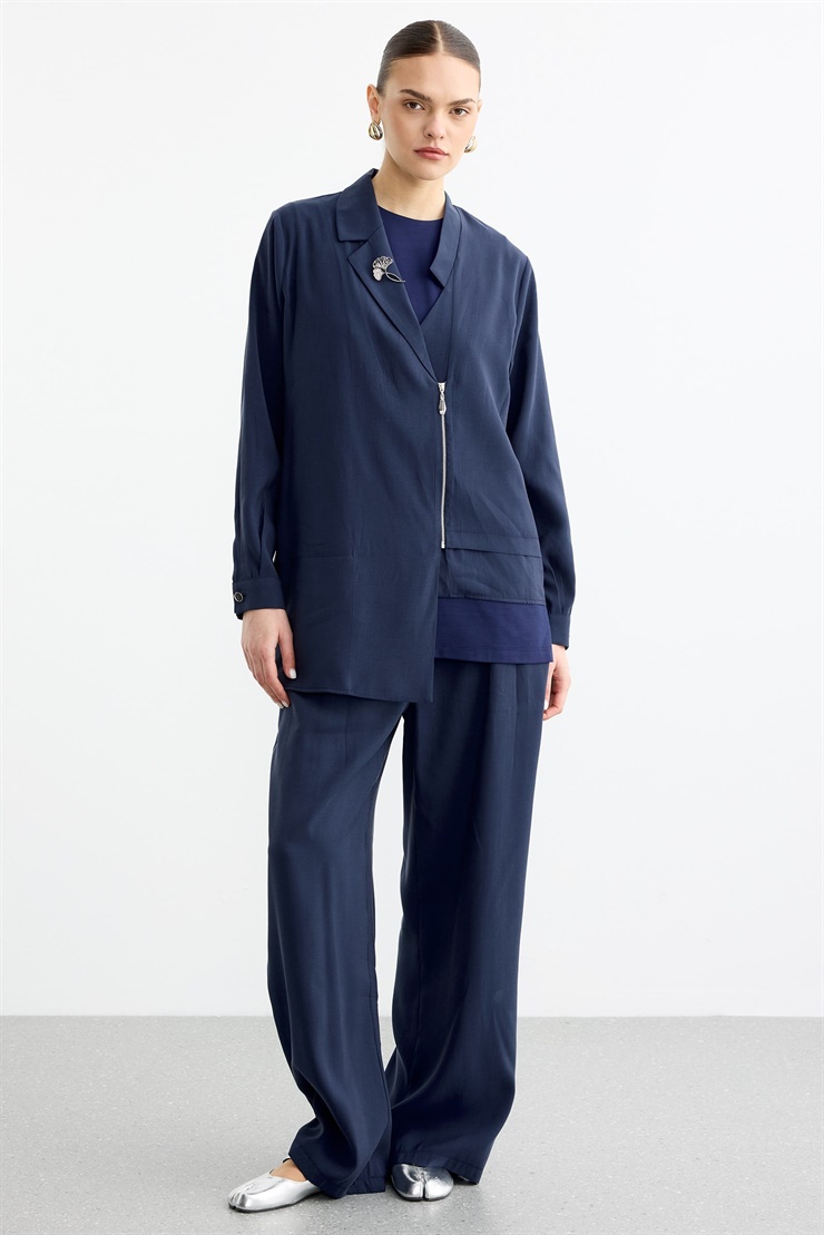 Asimetrik Minimal Yakalı Broş Detaylı Fermuarlı 3lü Takım LACİVERT