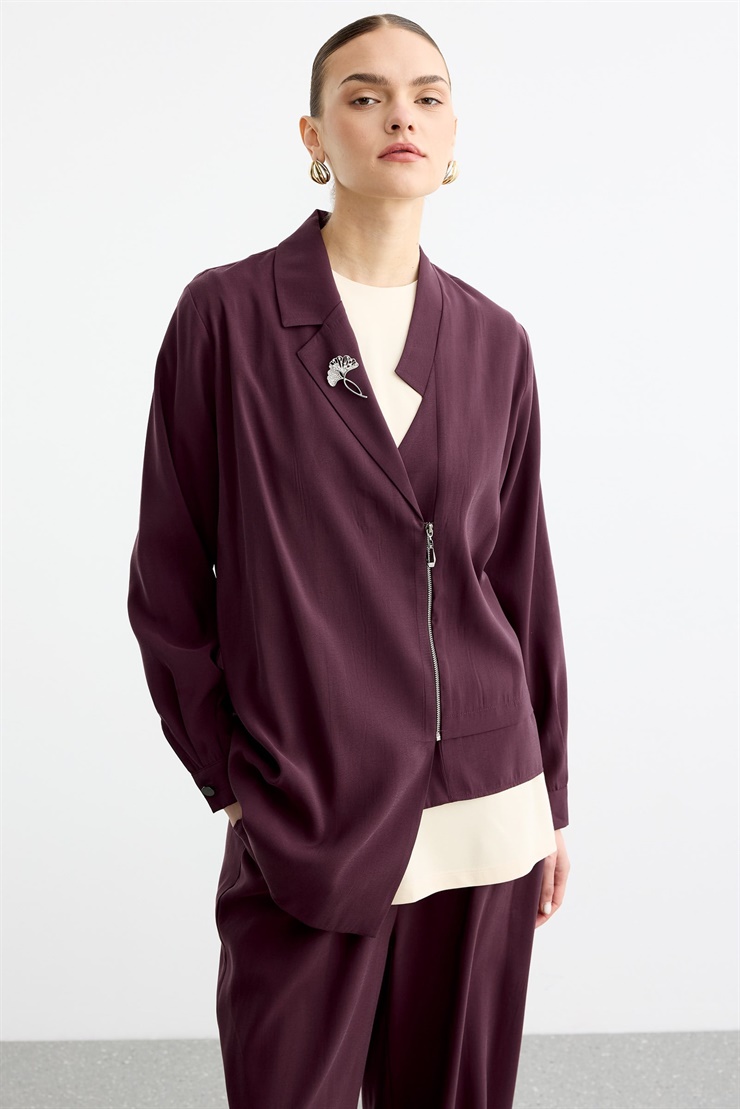 Asimetrik Minimal Yakalı Broş Detaylı Fermuarlı 3lü Takım BORDO