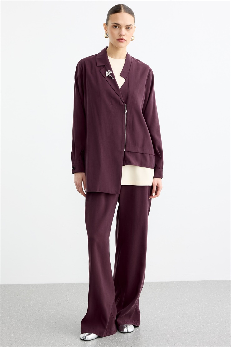 Asimetrik Minimal Yakalı Broş Detaylı Fermuarlı 3lü Takım BORDO