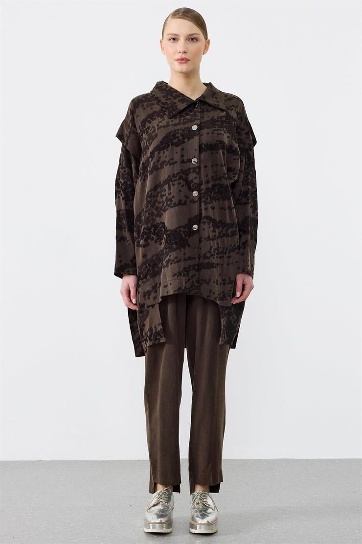 Asimetrik Ön Detaylı Pantolonlu İkili Takım KAHVE