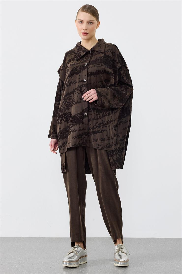 Asimetrik Ön Detaylı Pantolonlu İkili Takım KAHVE