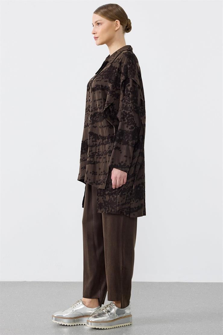 Asimetrik Ön Detaylı Pantolonlu İkili Takım KAHVE