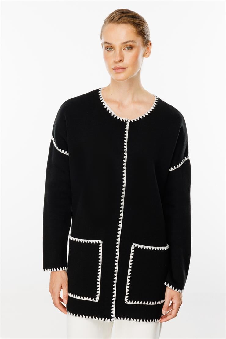Atkılı Merrow Detaylı Triko Kaban-SİYAH