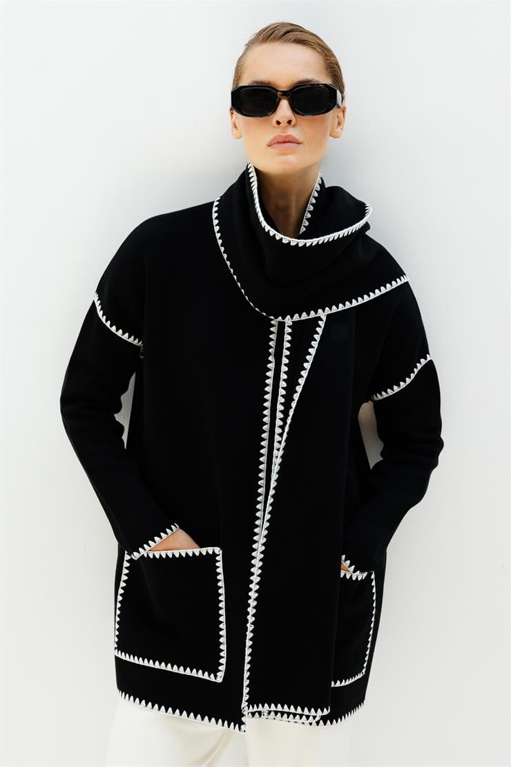 Atkılı Merrow Detaylı Triko Kaban-SİYAH