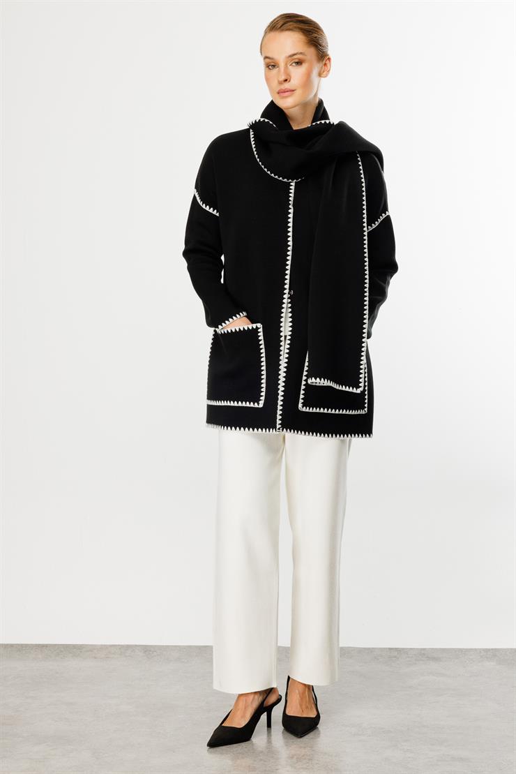 Atkılı Merrow Detaylı Triko Kaban-SİYAH