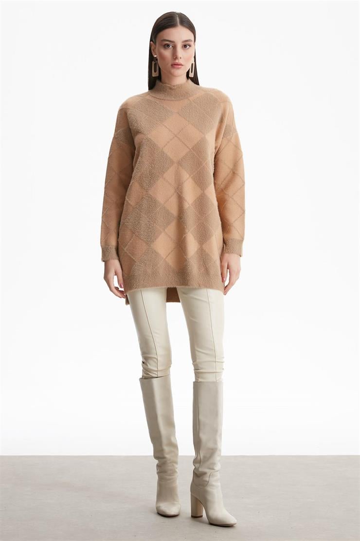 BAKLAVA DESENLİ MİNK TUNİK CAMEL